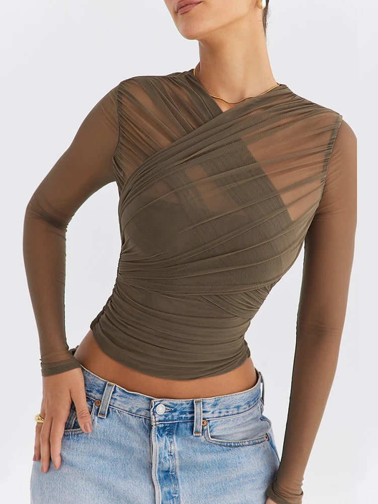 Sheer Mesh Long Sleeve T-shirt | PIPA-AV TOP